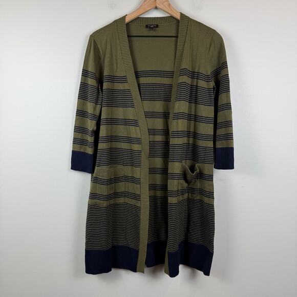 Talbots Cardigan Womens Medium Petite Green Striped 100% Pima Cotton Open Long - Picture 1 of 8